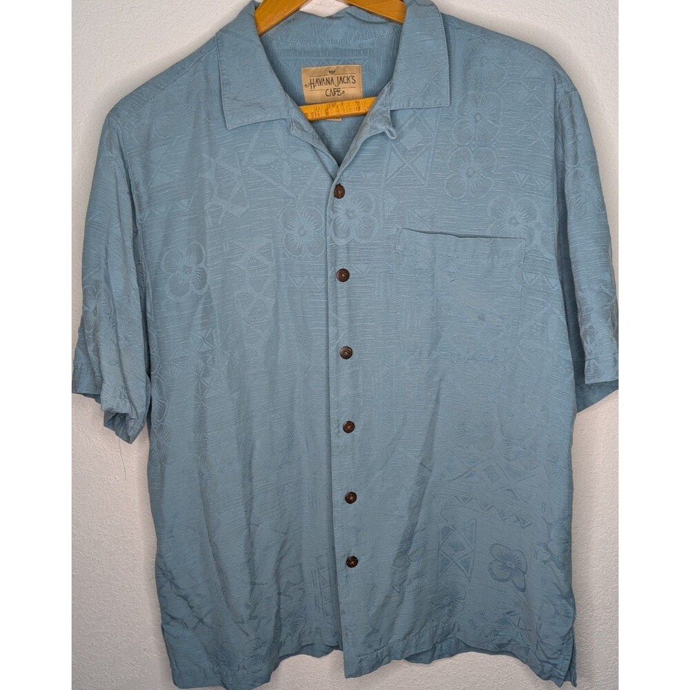 Havana Jacks's Cafe Blue Short Sleeve Button Shirt Men's Size L Floral Silk (41)